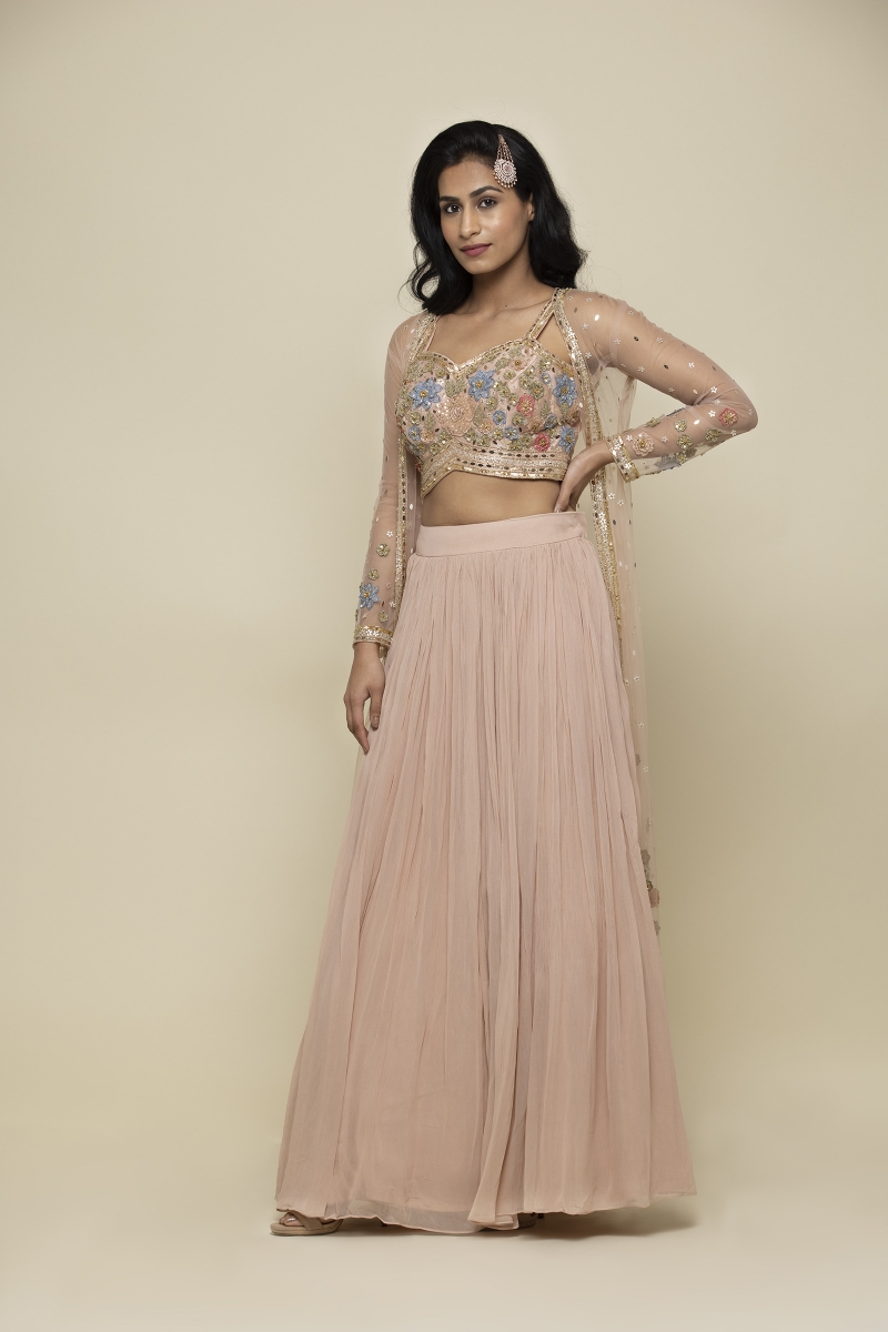 Pink Digital Print, Mirror and Beads work Overcoat Styled Crop Top Leh –  Seasons Chennai