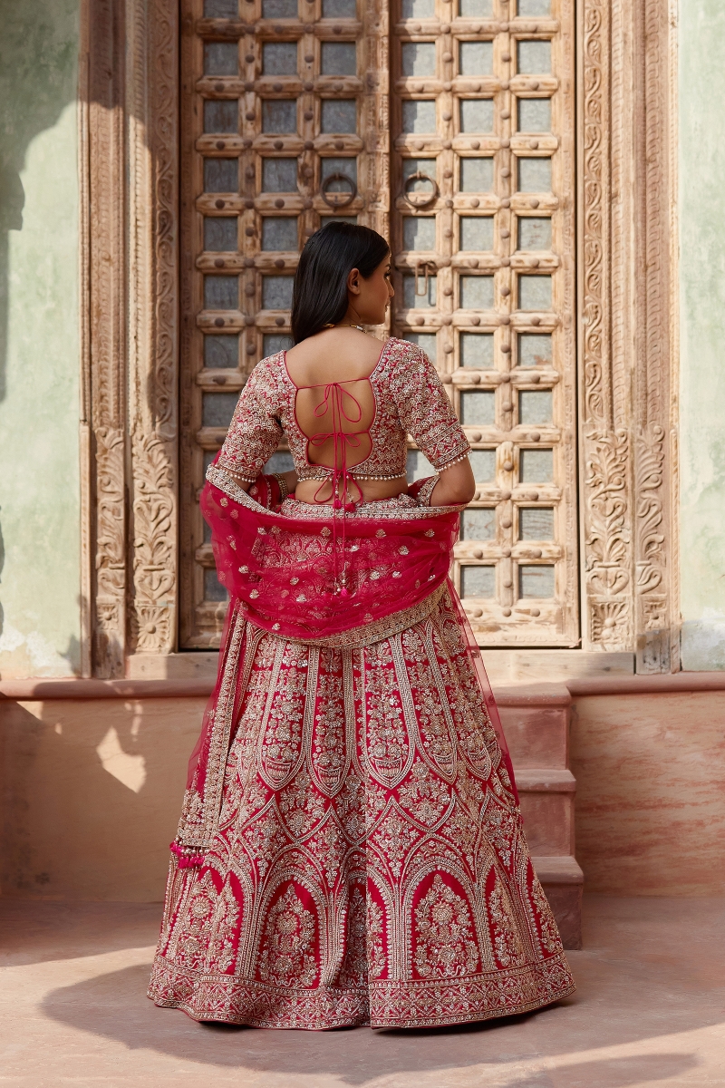 Buy Cherry Red Heavily Embroidered Net Wedding Lehenga Choli At Zeel  Clothing