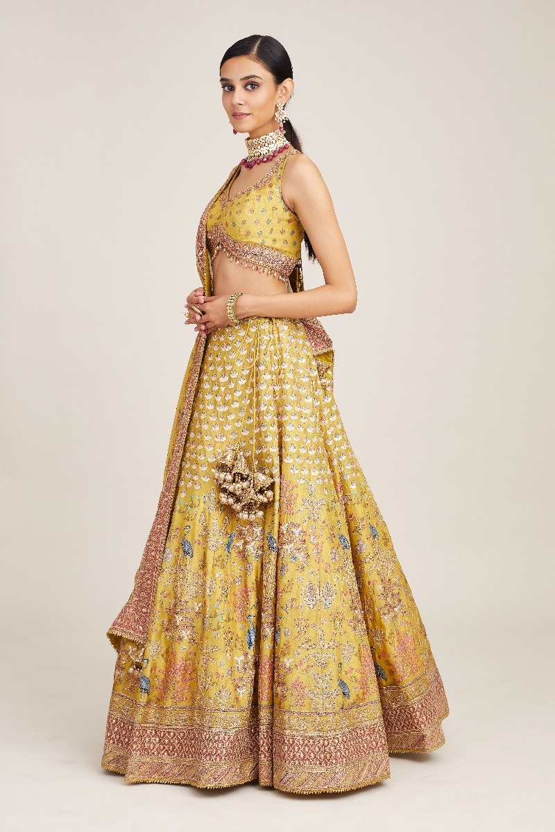 Solid, Embroidered, Floral Print, Self Design Semi Stitched Lehenga Choli ( Yellow) - Pratibha Fashion