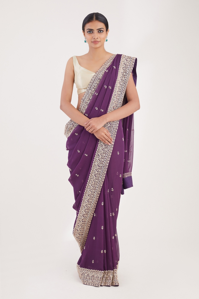 Buy Eggplant Purple Saree In Organza With Multi Color Resham Embroidered  Floral Motifs Along With Moti And Cut Dana Accents Online - Kalki Fashion