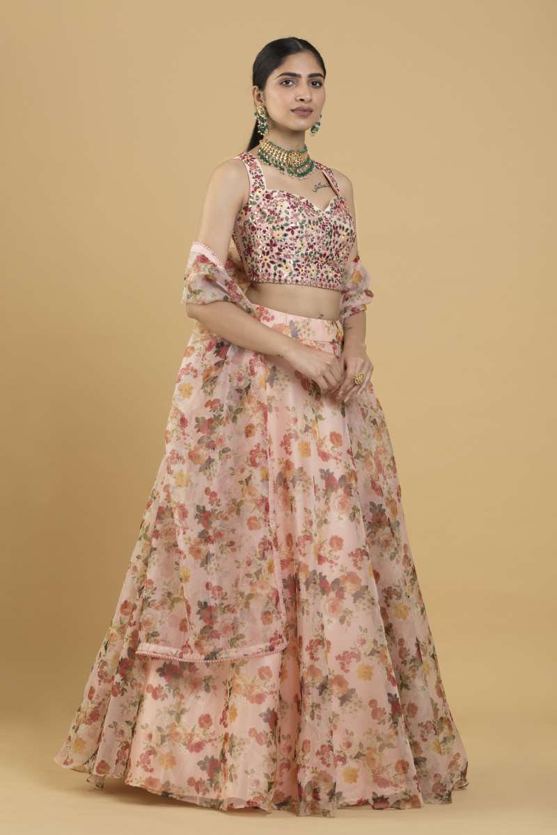Peach Organza Floral Printed Semi-Stitched Lehenga choli & Dupatta -  Panchhi Fashion - 4188035