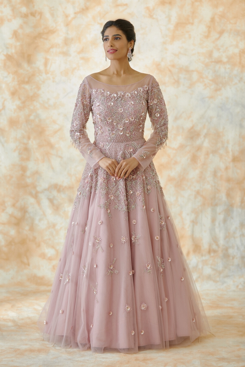 Buy Onion Pink Embroidered Net Gown For Women Online - Frontierraas