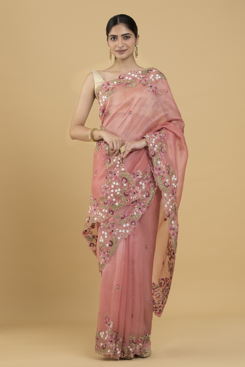 CORAL PINK WOVEN HEAVY EMBROIDERED PREMIUM DESIGNER SILK SAREE –  zarikaariindia.com