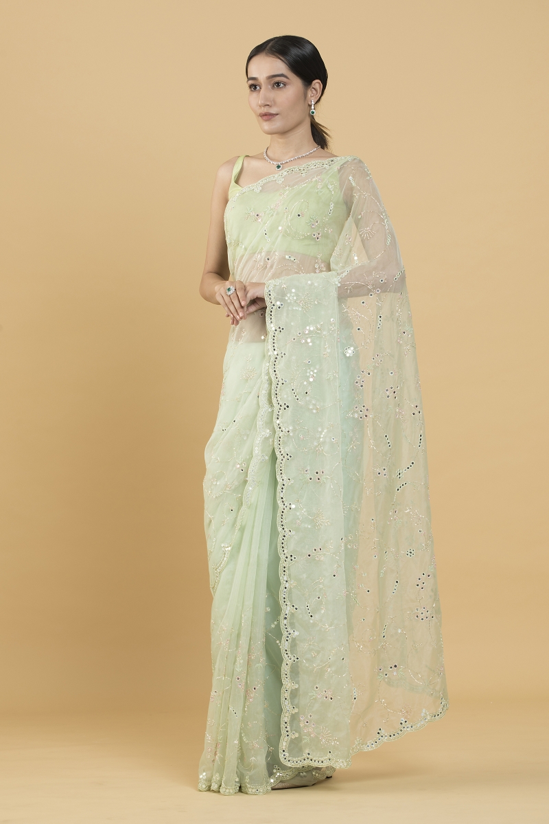 Cream color Organza sarees with mirror work saree design -ORGS0001435