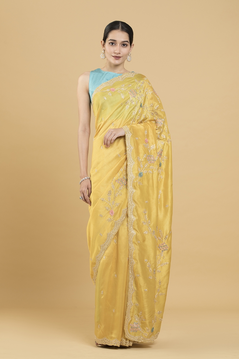 EE-R23732 - Yellow & multi pure Chanderi saree – sakhifashions