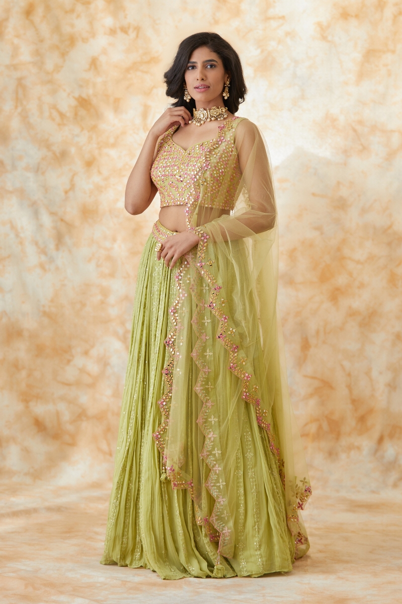 Buy Pista Green Butterfly Net White Cotton Thread Perfect Party Look Lehenga  Online