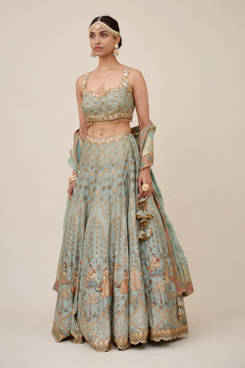 Buy Sage Green Crepe Lehenga For Women Online - Frontierraas