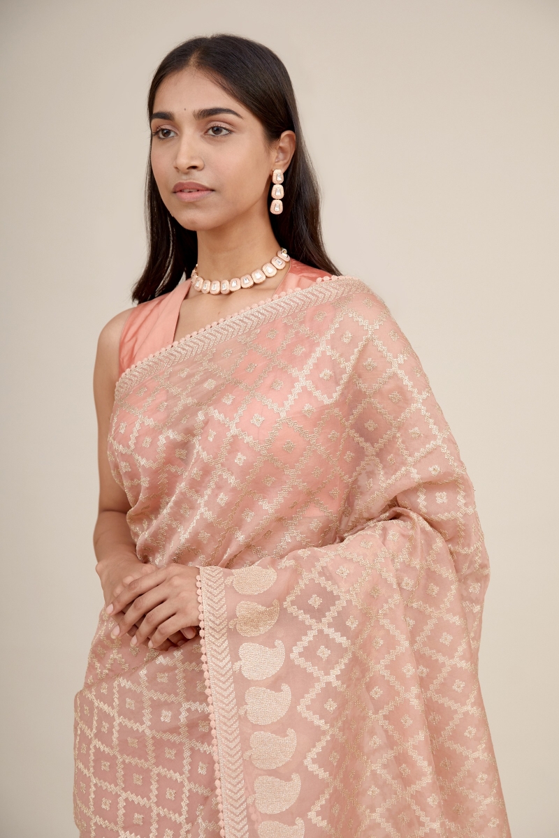 Peach Organza Saree with Pearl Blouse Piece – kreationbykj