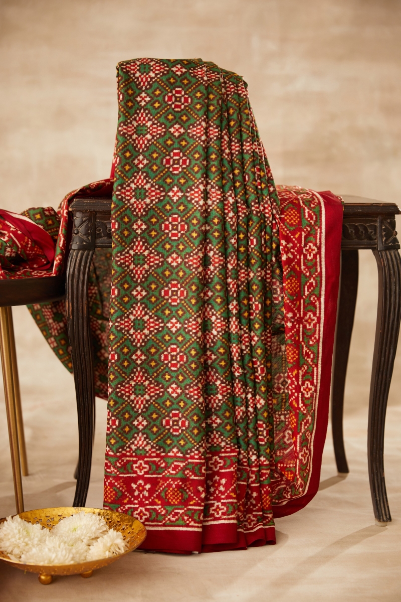 Soft Patola Sarees - Red with Green – Looms Legacy