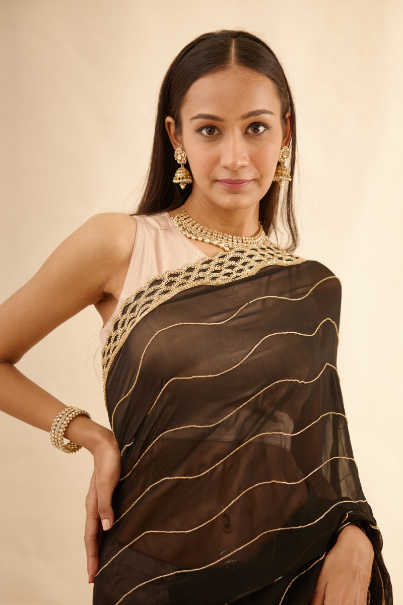 Modern Taditional Golden Zari Border Chiffon Black Saree For Girls/Women