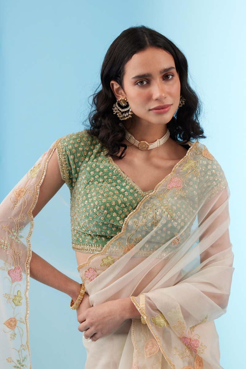 Buy Beige Blouse Georgette Embellished Pearls Organza Saree With For Women  by Vvani by Vani Vats Online at Aza Fashions.