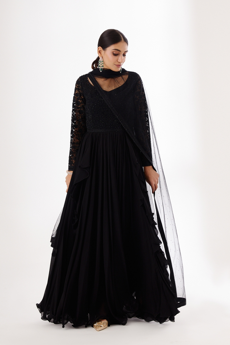 Celina Black and Gold Anarkali Suit | Anarkali dress, Designer dresses  online, Indian dresses