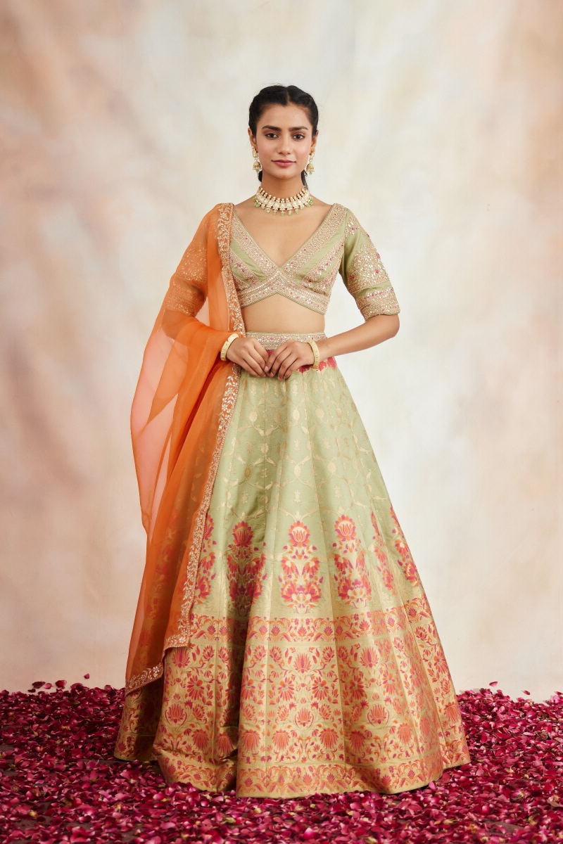 Buy Attractive Sea Green Thread Gota Silk Wedding Wear Lehenga Choli At  Zeel Clothing