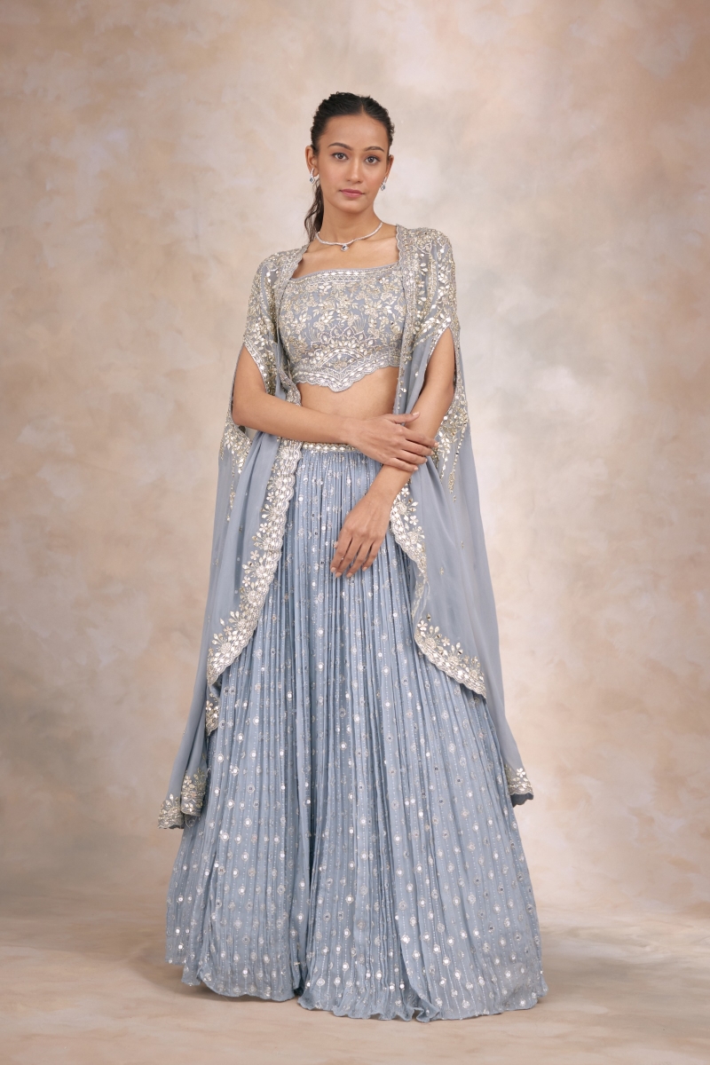 Blue Lehenga With A Blouse And Cape - RUCERU COUTURE - 4092597
