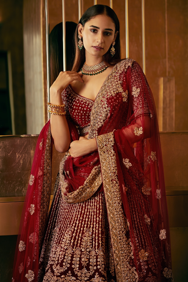 Dark Maroon Lehenga Choli In Velvet With Multi Colored Hand Embroidere –  paanericlothing