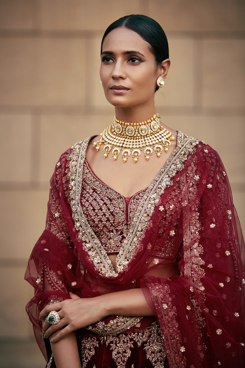 Stunning Bridal Maroon Lehenga with Finesse of Golden Embroidery – TrendOye