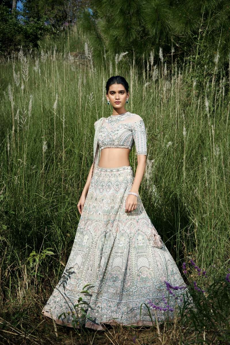Buy dharani Women Green Embroidered Satin Blend Semi Stitched Lehenga and Crop  Top Online at Best Prices in India - JioMart.