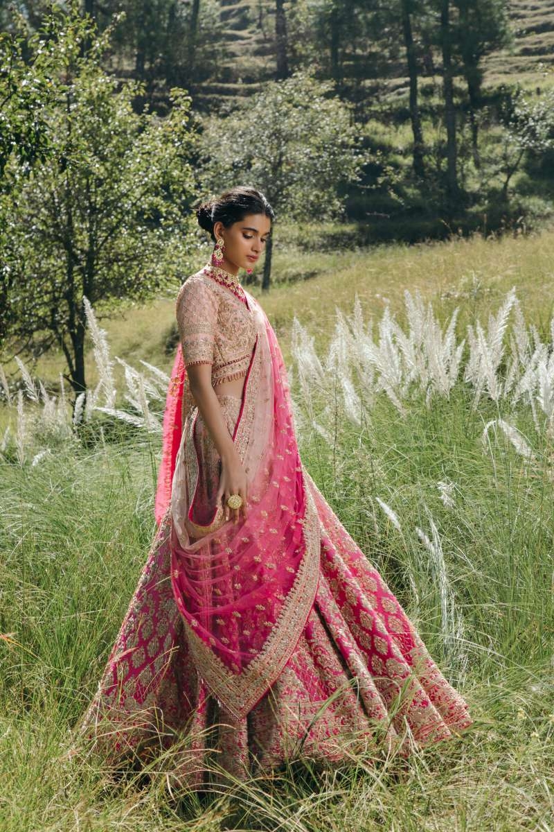 Magenta Pink Crinkled Silk Lehenga Set Design by Begum Pret at Pernia's Pop  Up Shop 2024