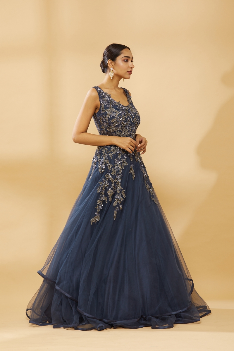 Buy Navy Blue Shimmer Net Embroidered Gown For Women Online