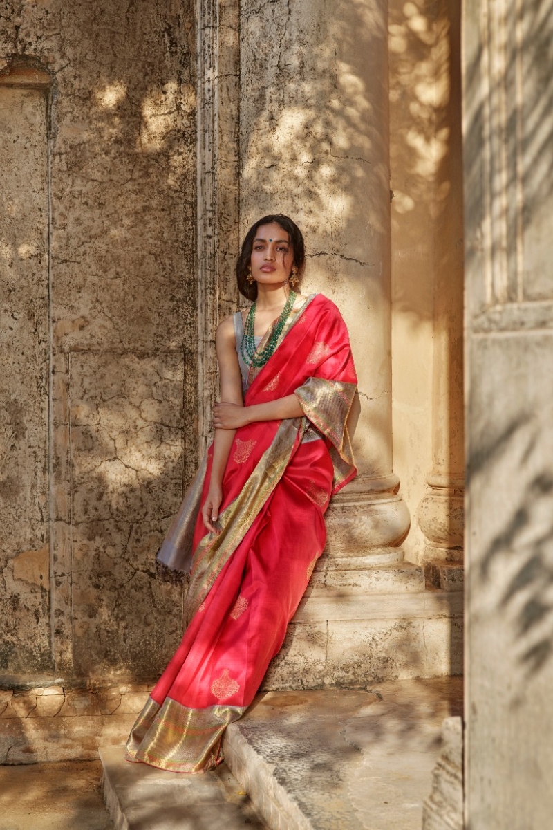 Rose Red & Black Hand Block Bishnupuri Pure Silk Saree – Craftyle