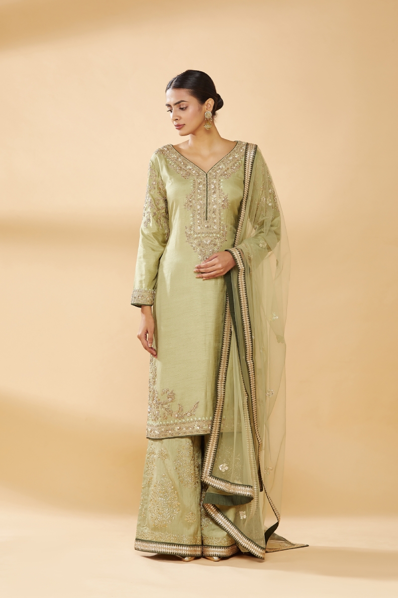 Buy Light Olive Green Embroidered Plazzo Suit For Women Online