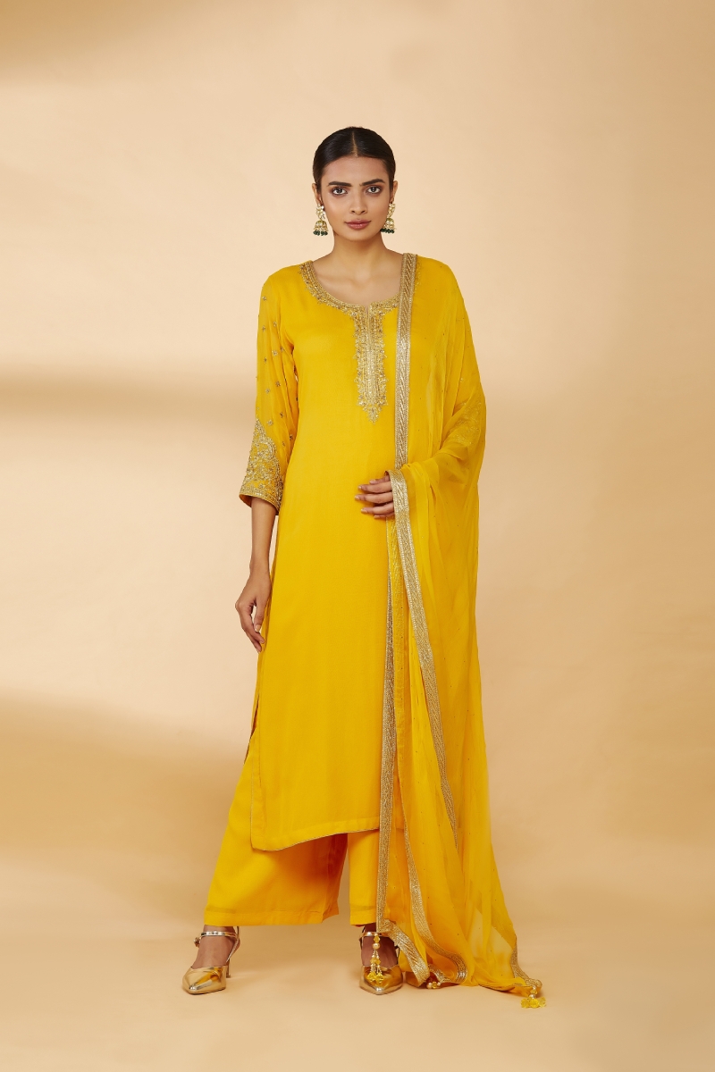 Buy Bright Yellow Embroidered Plazzo Suit For Women Online