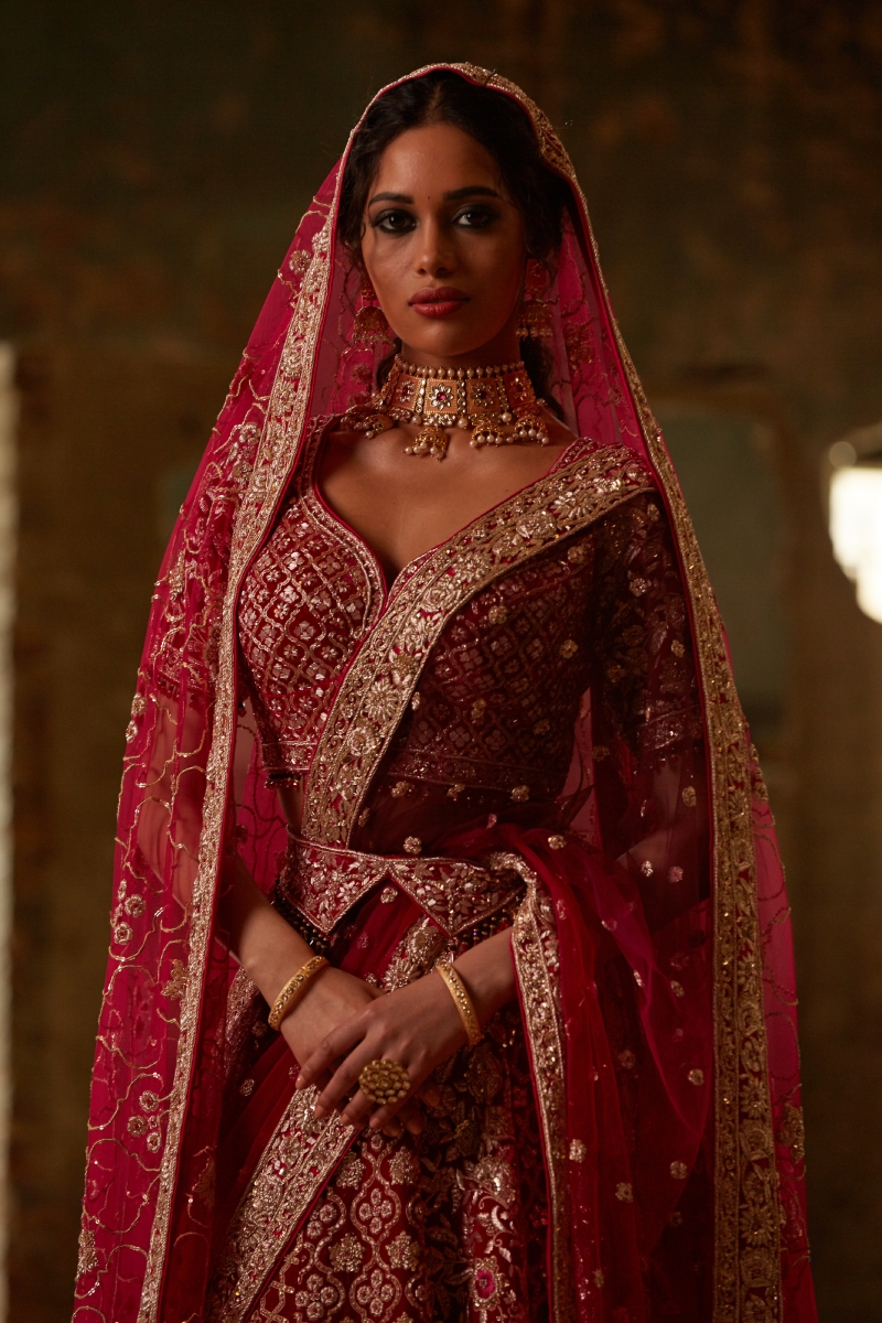 Red & Green Red Bridal lehenga by Scarlet by Shruti Jamaal for rent online  | FLYROBE