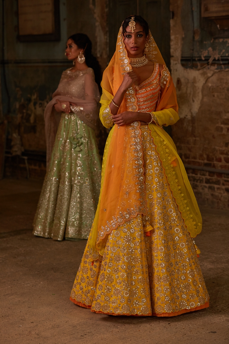 Yellow Bandhani on Organza Lehenga Set – Naina Jain