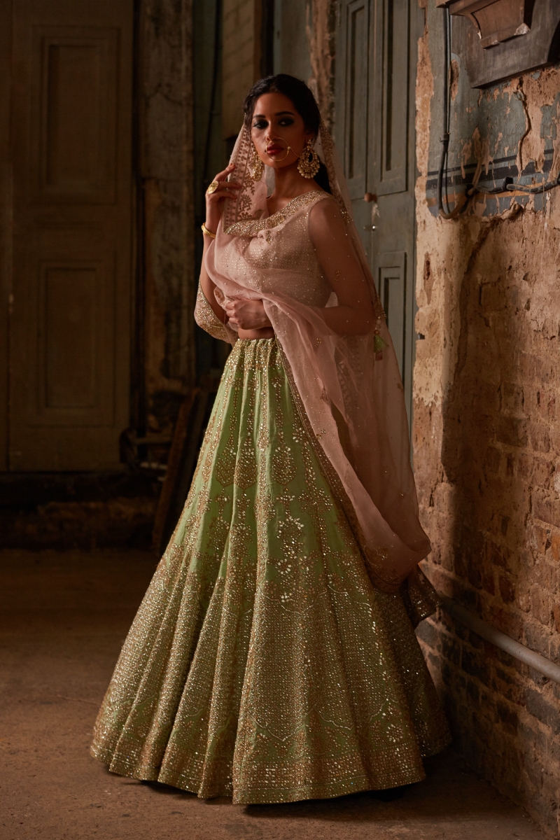 Bottle Green & Gold Mirror Embroidered Lehenga Set Design by Seema Gujral  at Pernia's Pop Up Shop 2024