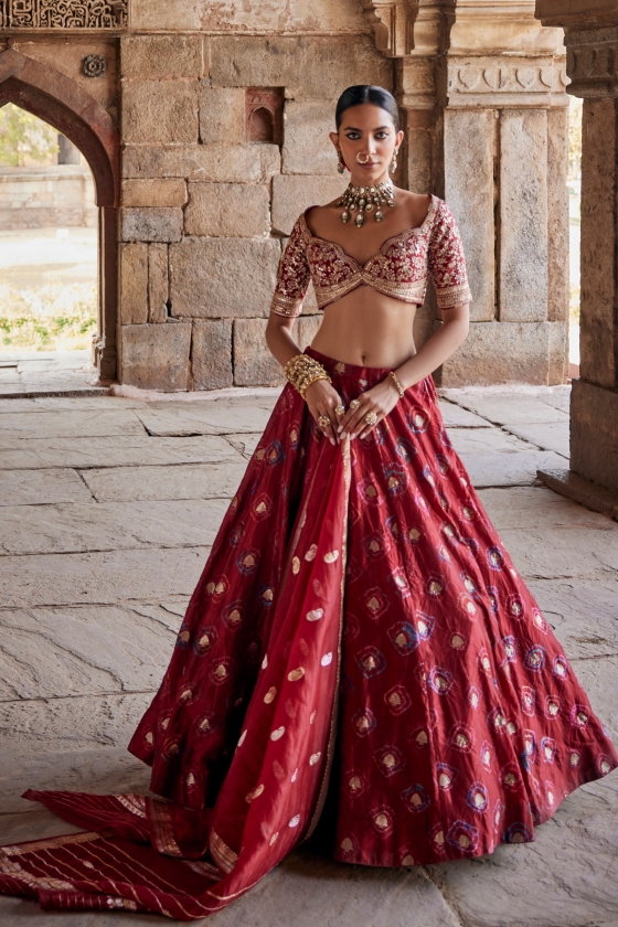 Deep Red Silk Bandhani Lehenga