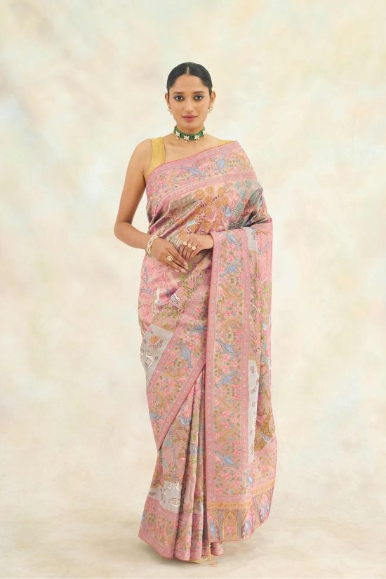 Light Metallic Pink Hand Embroidered Saree