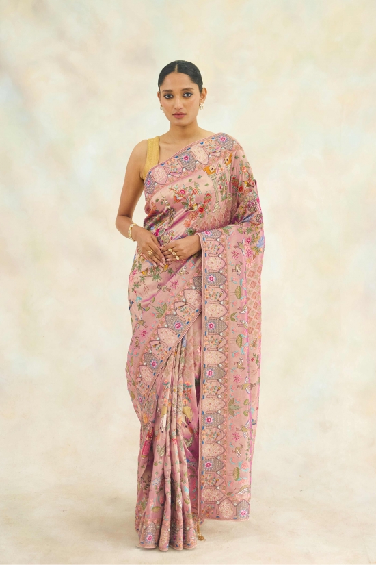 Metallic Pink Hand Embroidered Saree