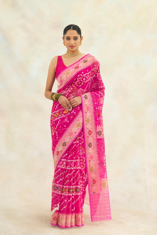 Raspberry Pink Organza Jamdani Saree