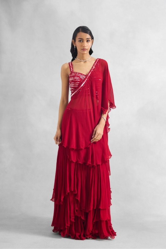 Ruby Red Frill Saree 