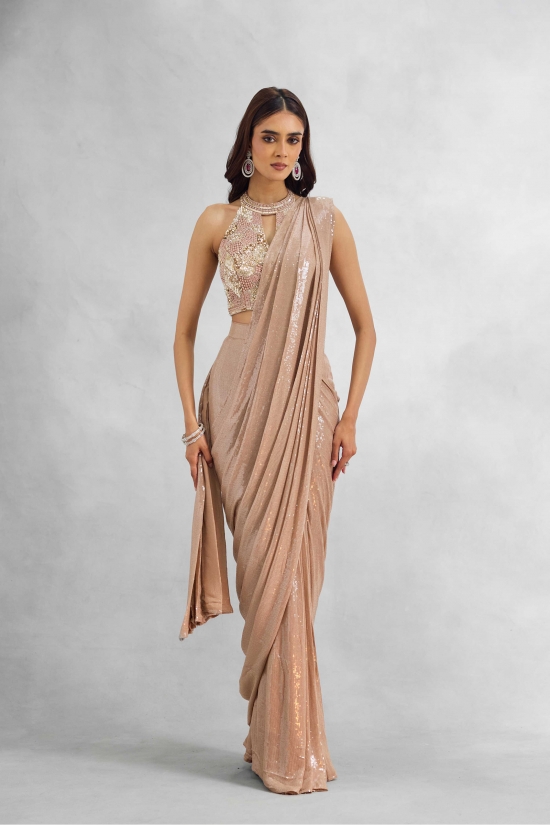 Light Bark Sequin Drape Saree