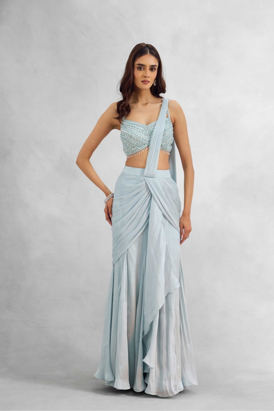 Ice Blue Satin Drape Saree