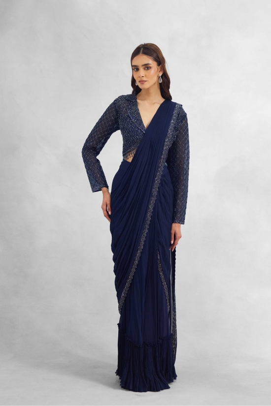 Navy Blue Georgette Drape Saree