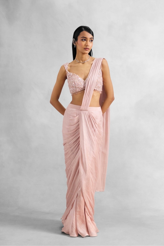 Powder Pink Satin Drape Saree