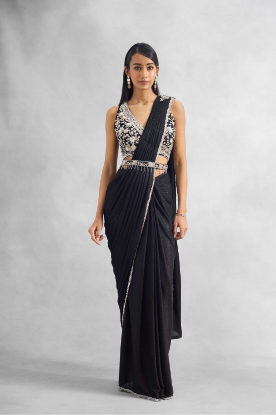 Black Embroidered Net Drape Saree