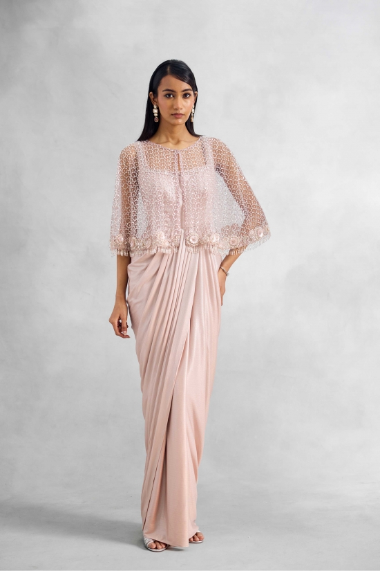 Powder Pink Net Drape Gown