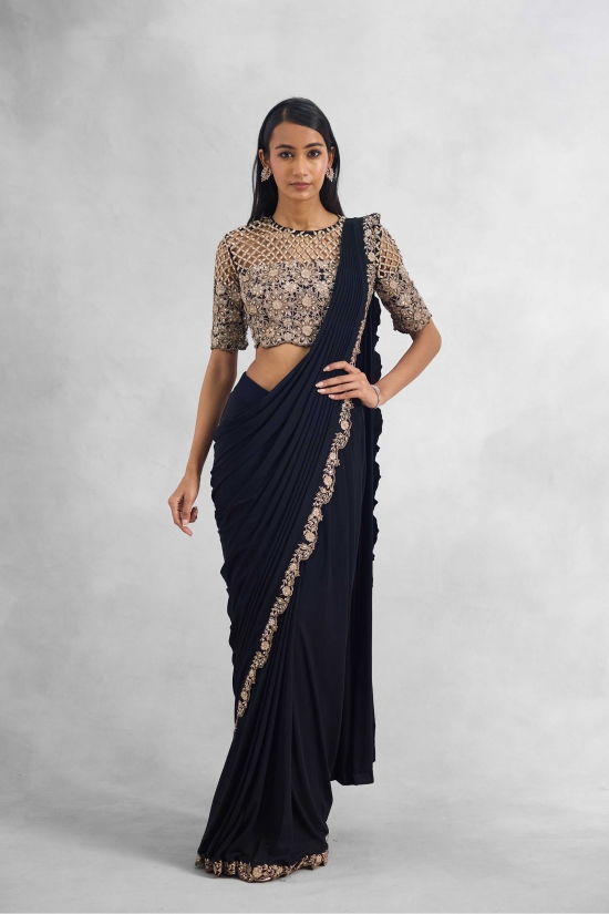 Black Embroidered Net Drape Saree