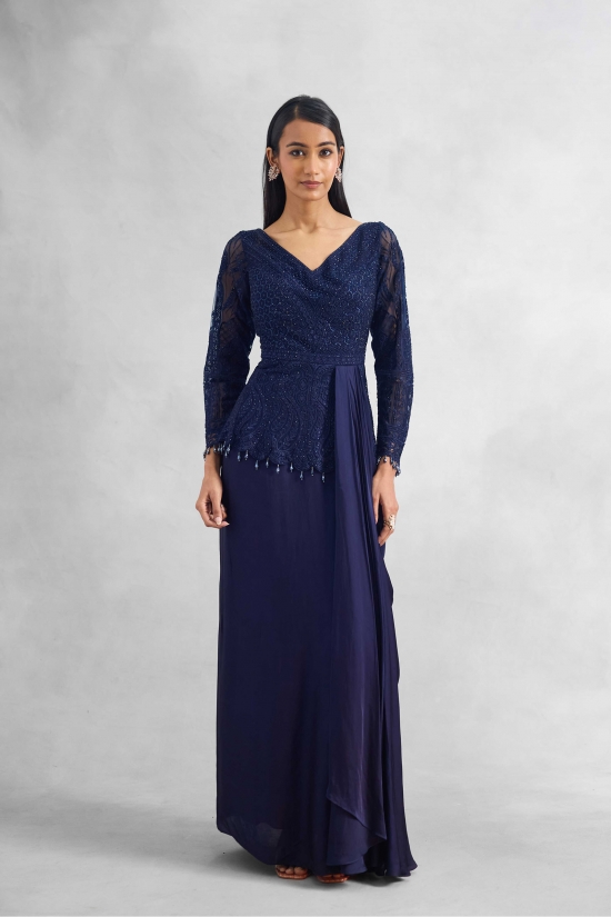 Midnight Navy Satin Drape Gown