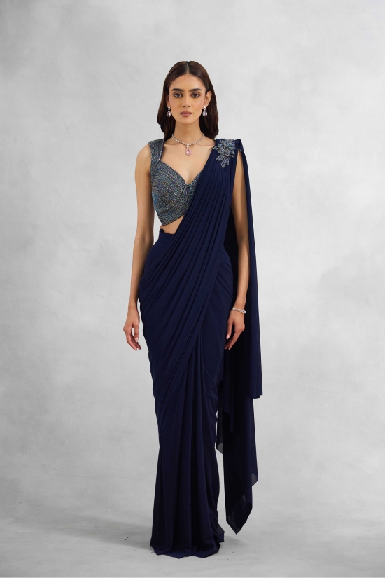 Intense Blue Embroidered Net Saree