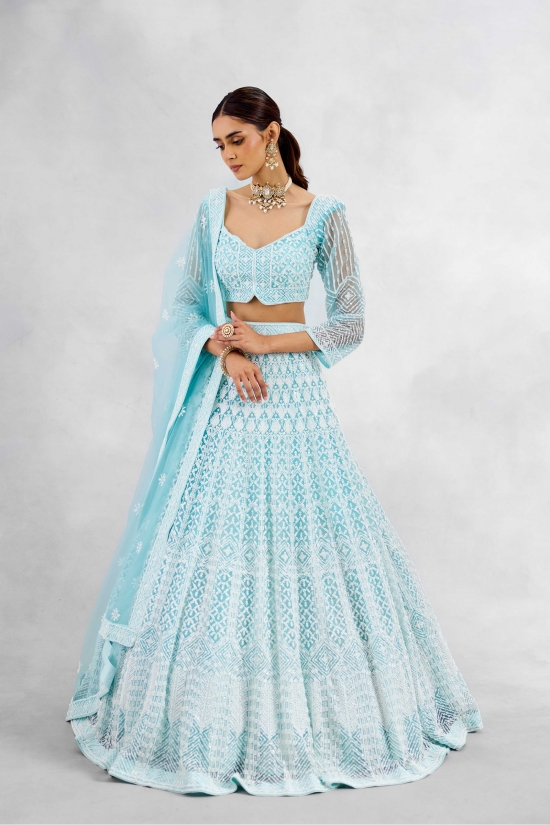 Aqua Blue Net Lehenga Set