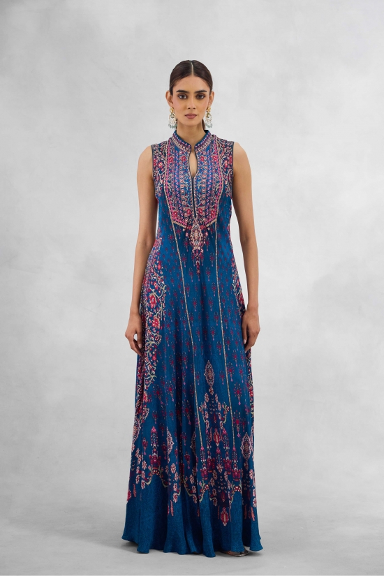 Egyptian Blue Printed Floor Length Kurti 