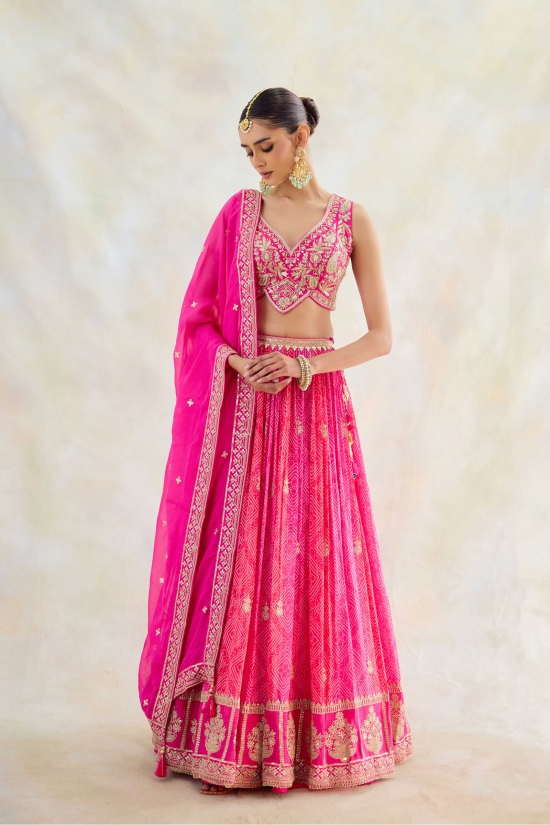 French Rose Pink Leheriya Lehenga Set 