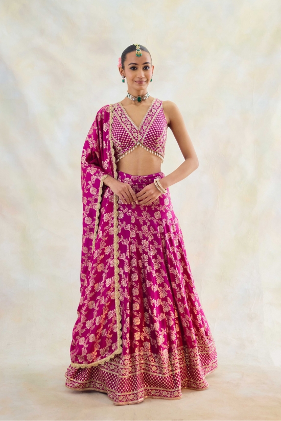 Magenta Pink  Banarasi Tissue Lehenga Set 