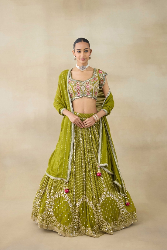 Solid Muted Yellow-Green Lehenga Set 