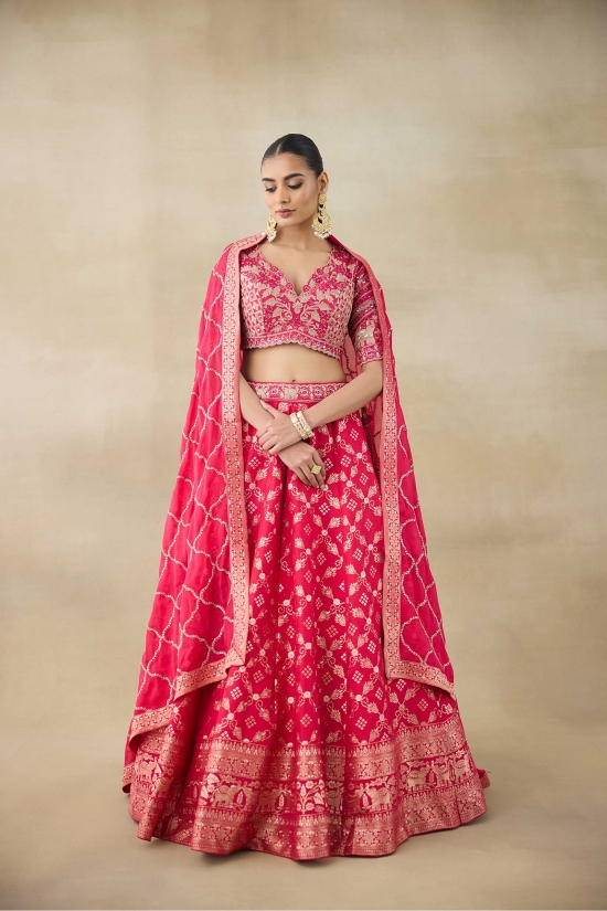 Hot Coral Banarasi Silk Lehenga Set 