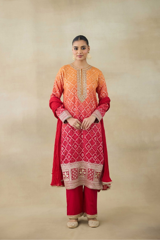 Ombre Red Silk Suit Set 